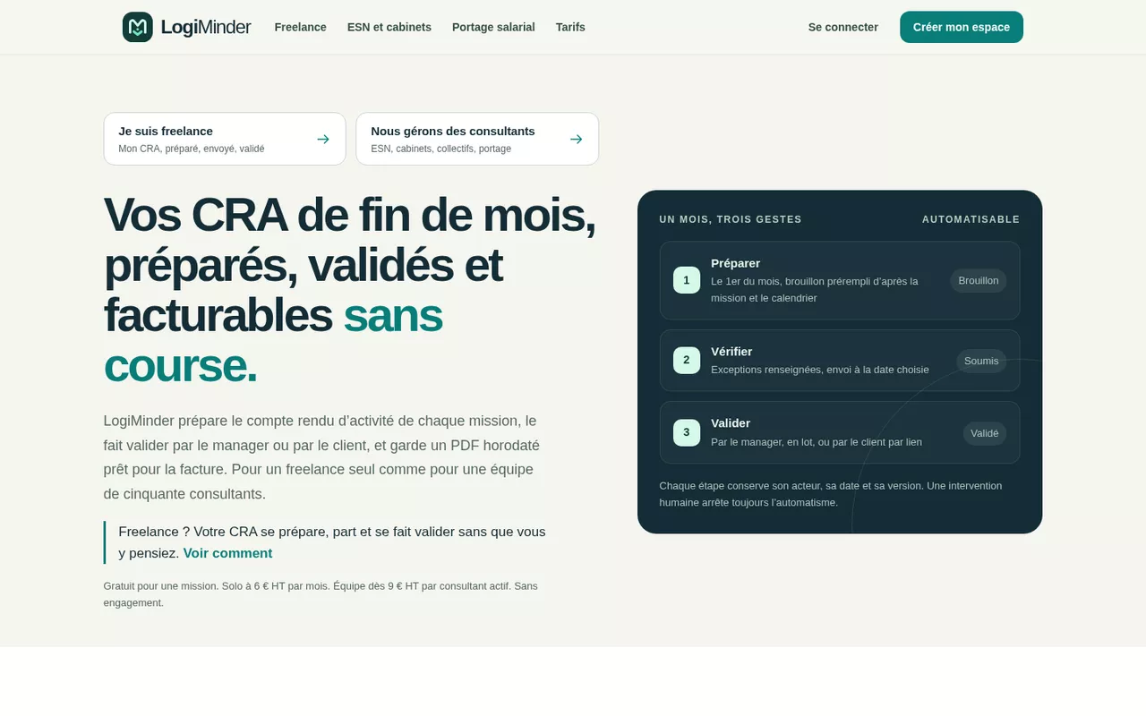 Page d'accueil de LogiMinder : des comptes-rendus d'activité préparés, validés et facturables