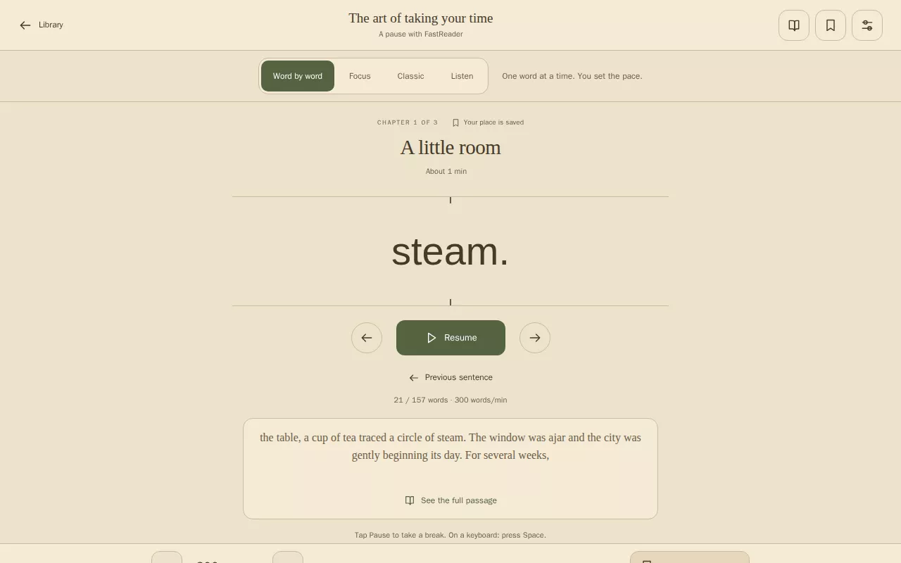 FastReader affiche un livre EPUB mot à mot