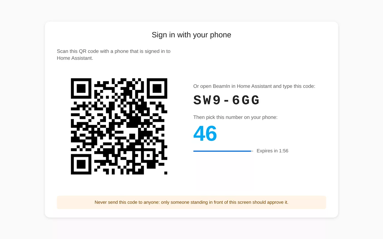 Écran de connexion BeamIn sur le navigateur d'une Tesla : QR code, code et numéro à choisir sur le téléphone