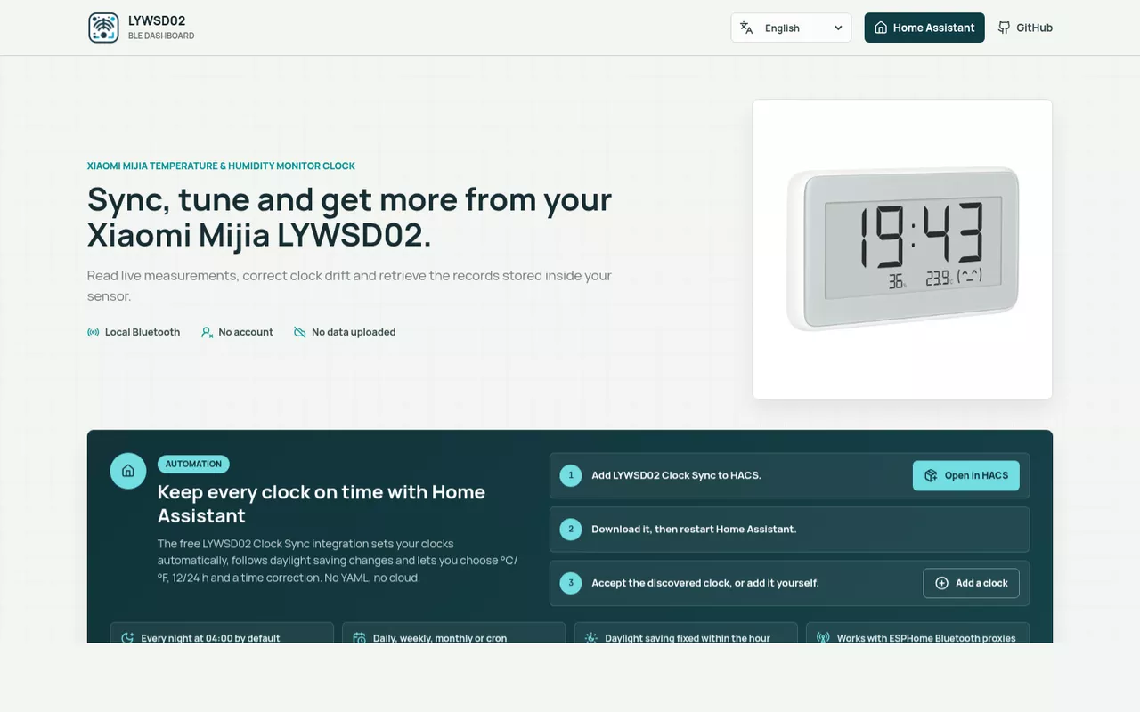 LYWSD02 BLE Dashboard : synchronisation de l'horloge Xiaomi Mijia et intégration Home Assistant