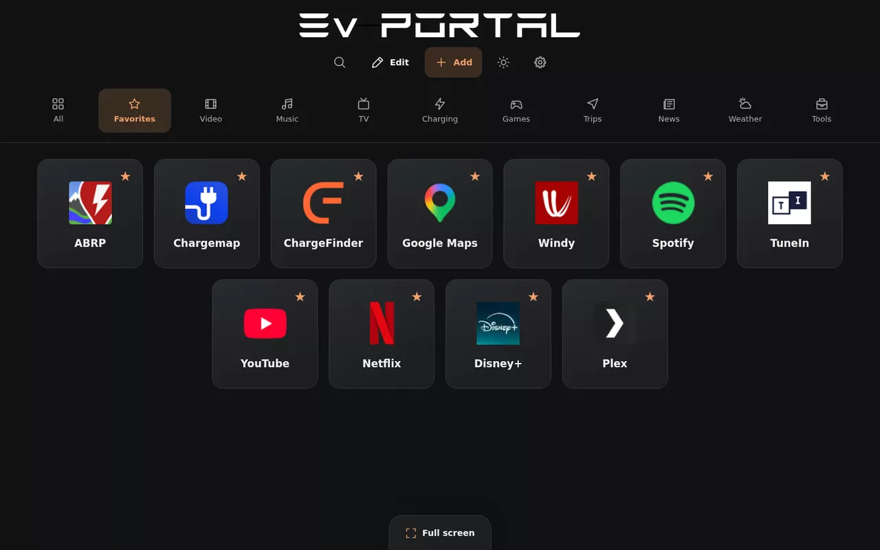 EvPortal : raccourcis favoris (ABRP, Chargemap, Spotify…) pour le navigateur d'une voiture électrique