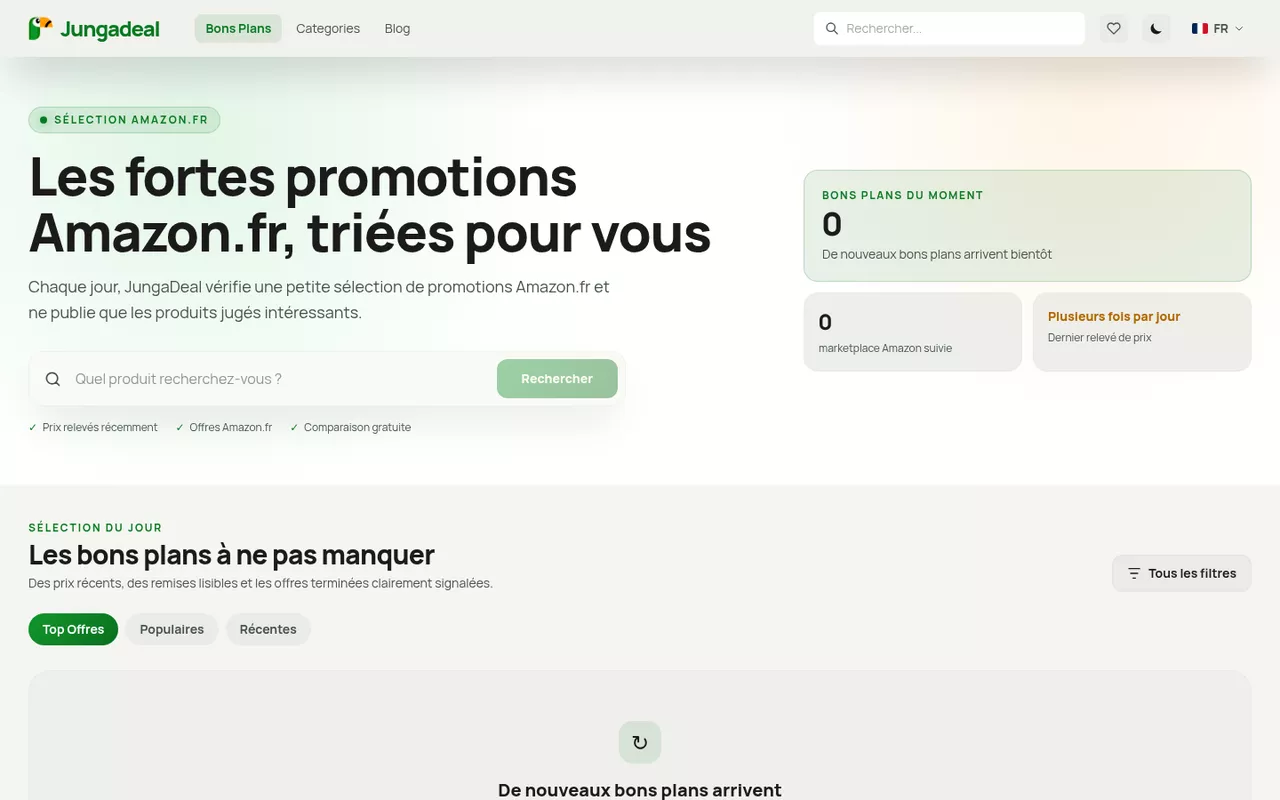 Page d'accueil de JungaDeal : une sélection des fortes promotions Amazon.fr